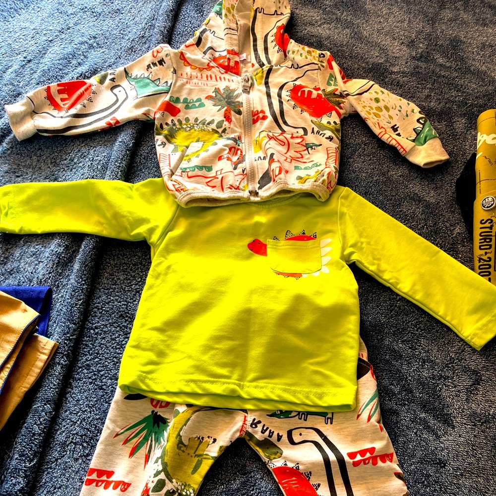 3 piece printed pants & jacket and florescent green T-shirt